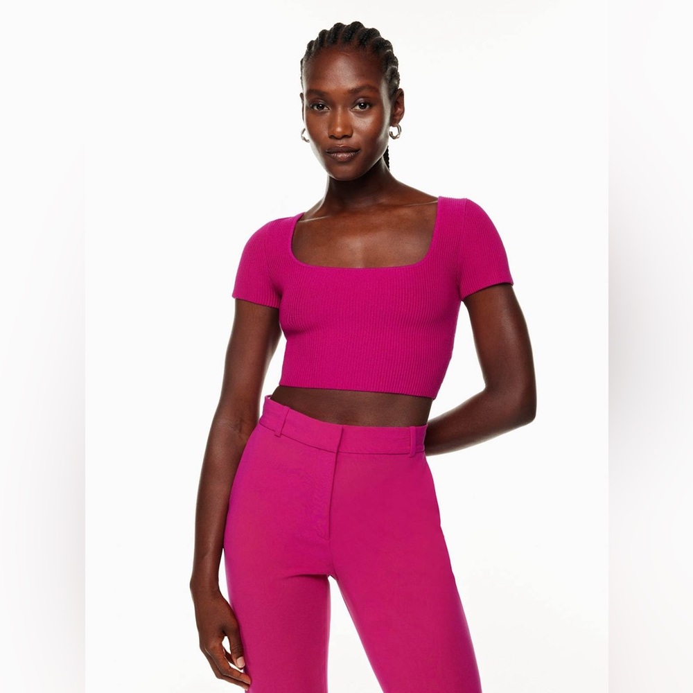 Aritzia Babaton Sculpt Knit Squareneck Cropped Ribbed T-Shirt Top Pink S 92536